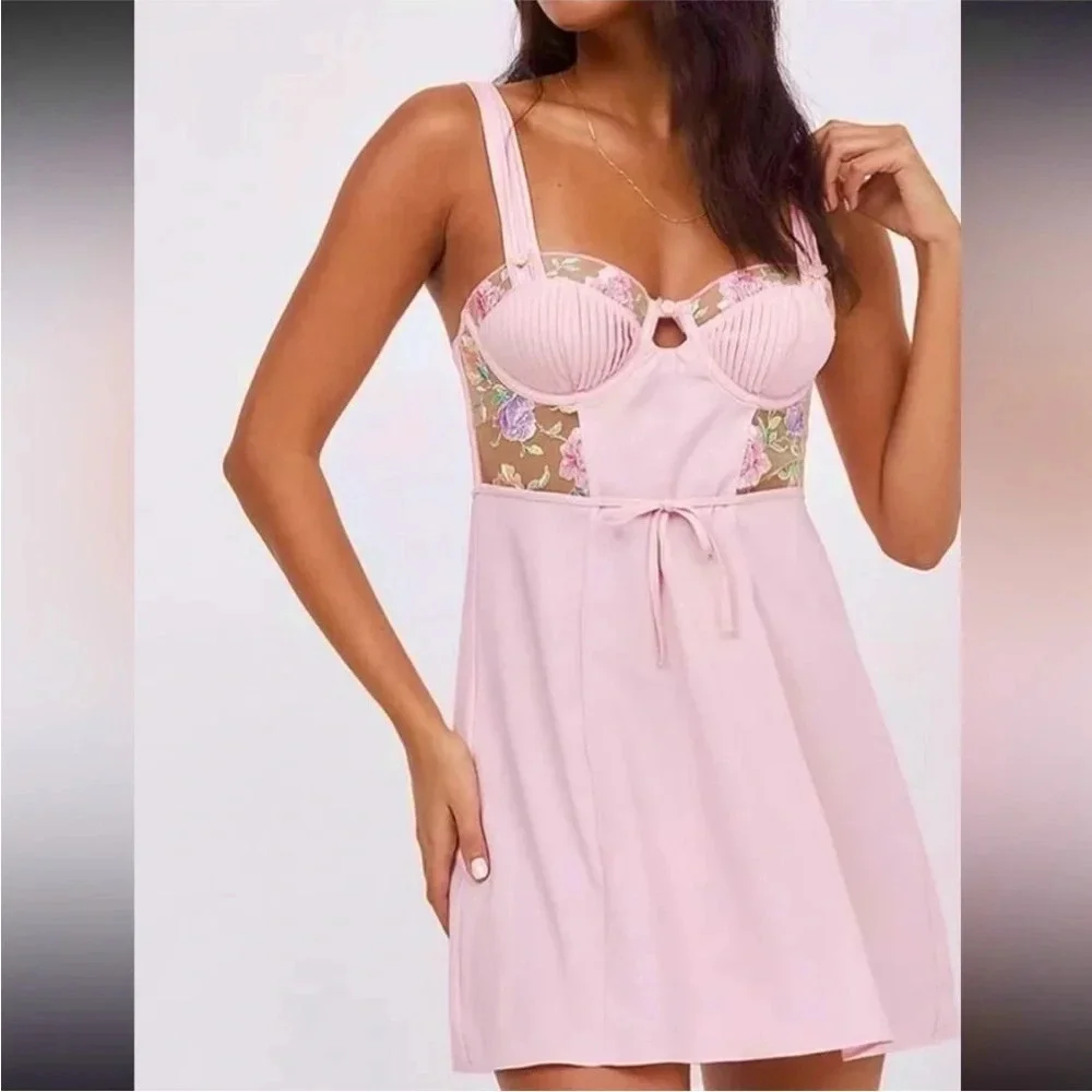 For Love And Lemons Pastel Rose Dress Slip Romantic Pink Mini women's Size XL - Picture 2 of 14